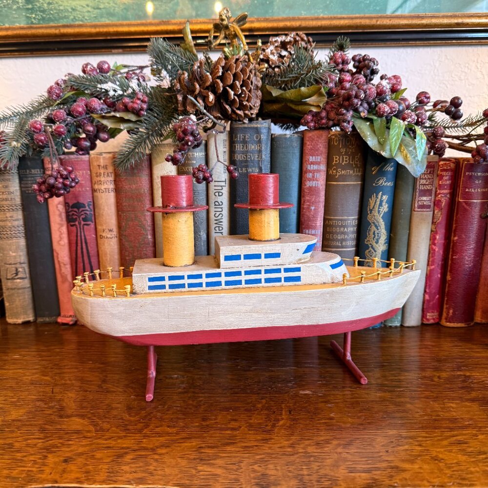 Unique Hand carved Wooden Ship Candle Holder 12.5" Long - Picture 12 of 17
